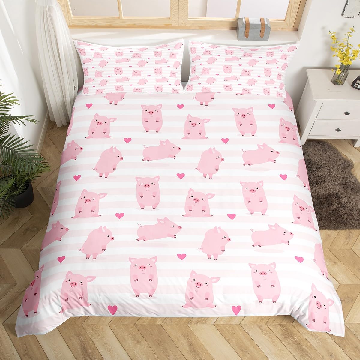 Rosa Schwein Bettwäsche Set King Queen Schlafendes Schwein Bettbezug für Kinder Jungen Mädchen Kawaii Tiere Bettdeckenbezug mit 2 Kissenbezügen EU single(135x200cm) von Joom DACH