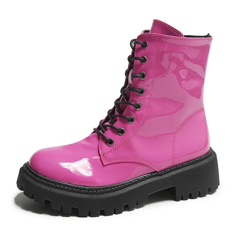 Rosa Stiefeletten mit Schnürung für Damen, Lackleder, Plateau-Motorradstiefel, dicke Absätze, Reißverschluss, kurze Booties 36 von Joom DACH