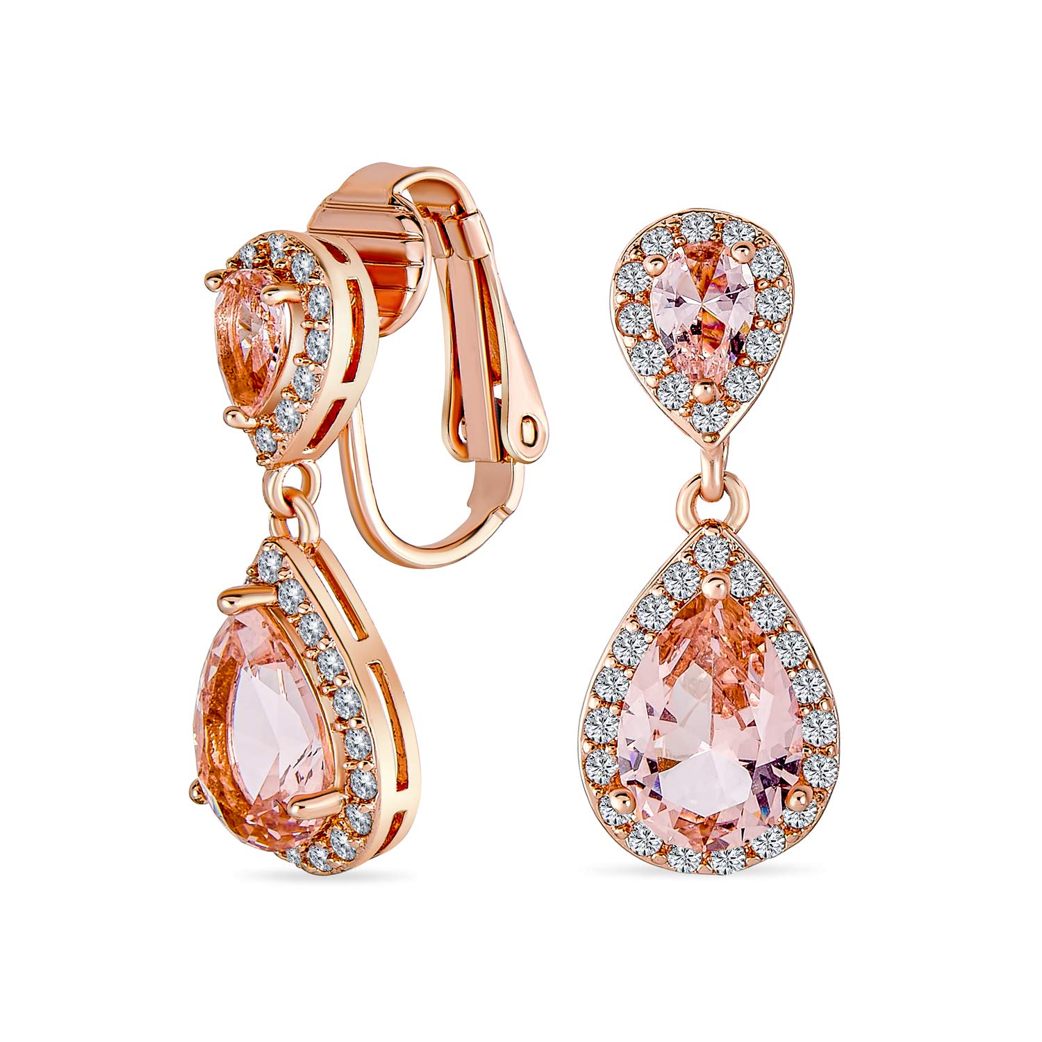 Rosa Tropfen CZ Halo Prom Drop Statement Kronleuchter Clip Ohrringe Simulierter Morganit Zirkonia Rosévergoldetes Messing von Joom DACH