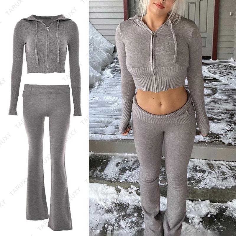 Rosa gestrickter zweiteiliger Seor-Damen-Y2k-Lässiger Reißverschluss-Pullover, Kapuzenpullover und Hosen-Sets, 2-teiliger Trainingsanzug M grau von Joom DACH