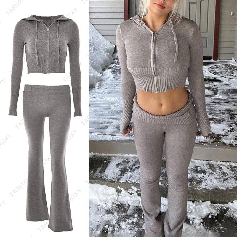 Rosa gestrickter zweiteiliger Seor-Damen-Y2k-Lässiger Reißverschluss-Pullover, Kapuzenpullover und Hosen-Sets, 2-teiliger Trainingsanzug M grau von Joom DACH