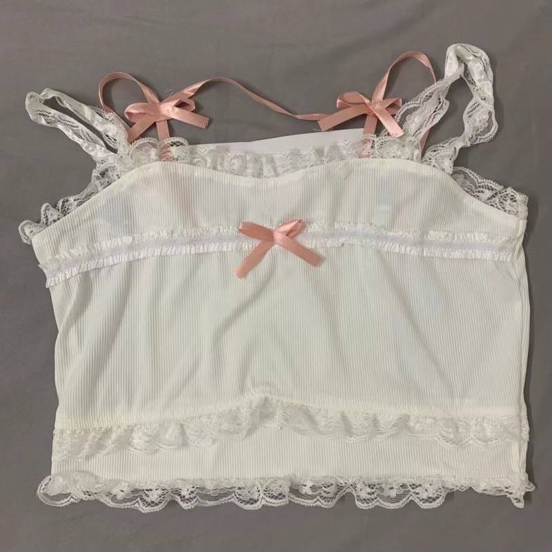 Rosa japanische Kawaii Lolita Crop Top Frauen weiß koreanischen College-Stil süße Tank Top Schleife Spitze Frankreich Prinzessin Vset weiblich 2023 S weiß von Joom DACH