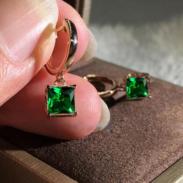 Rose Gold Silber Farbe Luxus Princess Cut Weiß Blau Rot Grün Stein Tropfen Ohrstecker Damen Hochzeit Schmuck Geschenke grün/rose gold von Joom DACH