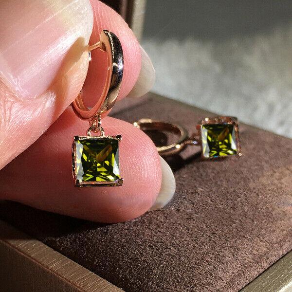 Rose Gold Silber Farbe Luxus Princess Cut Weiß Blau Rot Grün Stein Tropfen Ohrstecker Damen Hochzeit Schmuck Geschenke olivgrüne/rose gold von Joom DACH