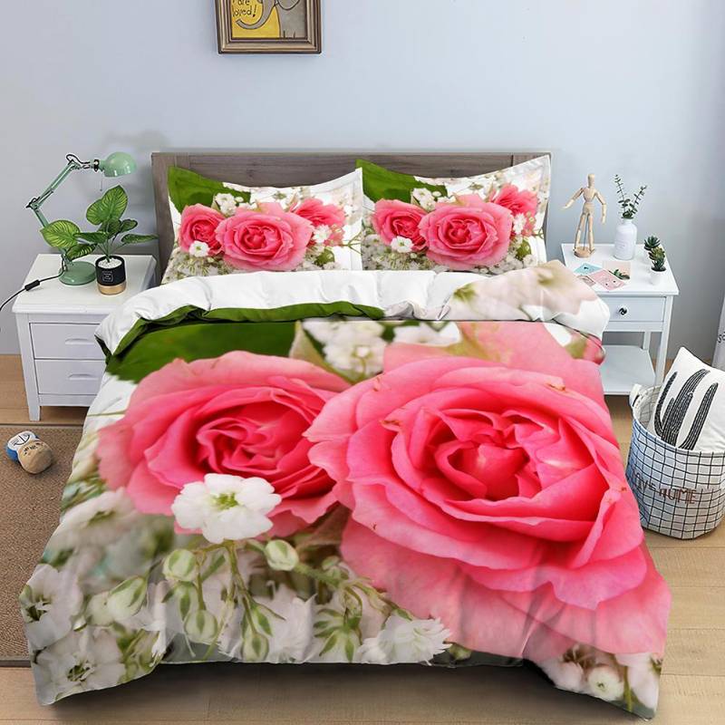Rosen Bettbezug Set 3D Druck Rote Blume Bettdeckenbezug Romantisches Thema Liebe Element Für Mädchen Frauen Kind Polyester Bettwäsche Set EU single(135x200cm) von Joom DACH