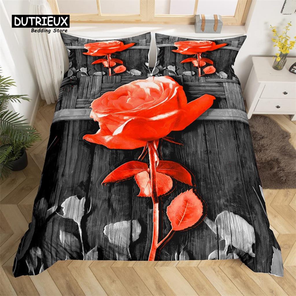 Rote Rose Bettbezug Twin King Romantisches Thema Floral Bettwäsche Set Mikrofaser Liebe Herz Blumen Steppdeckenbezug Für Mädchen Teenager Hochzeit EU single(135x200cm) von Joom DACH