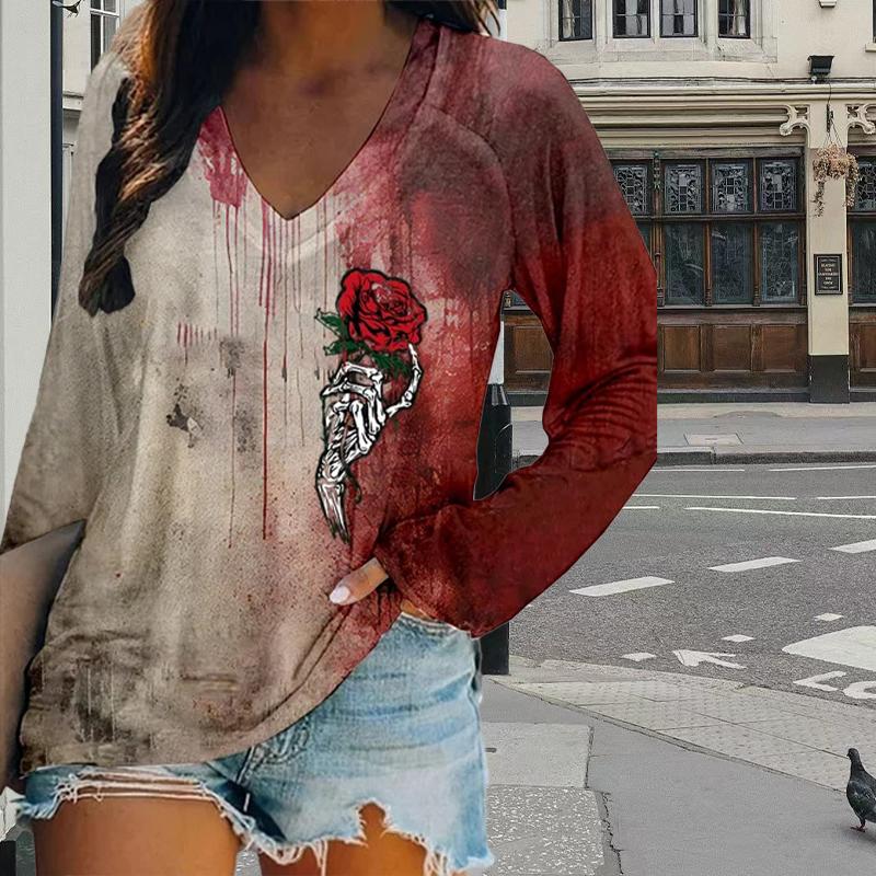 Rote Rose Print Frauen T-Shirts Damen Tops Langarm V-Ausschnitt Pullover Femme T-Shirts T-Shirt für Frauen S rot von Joom DACH