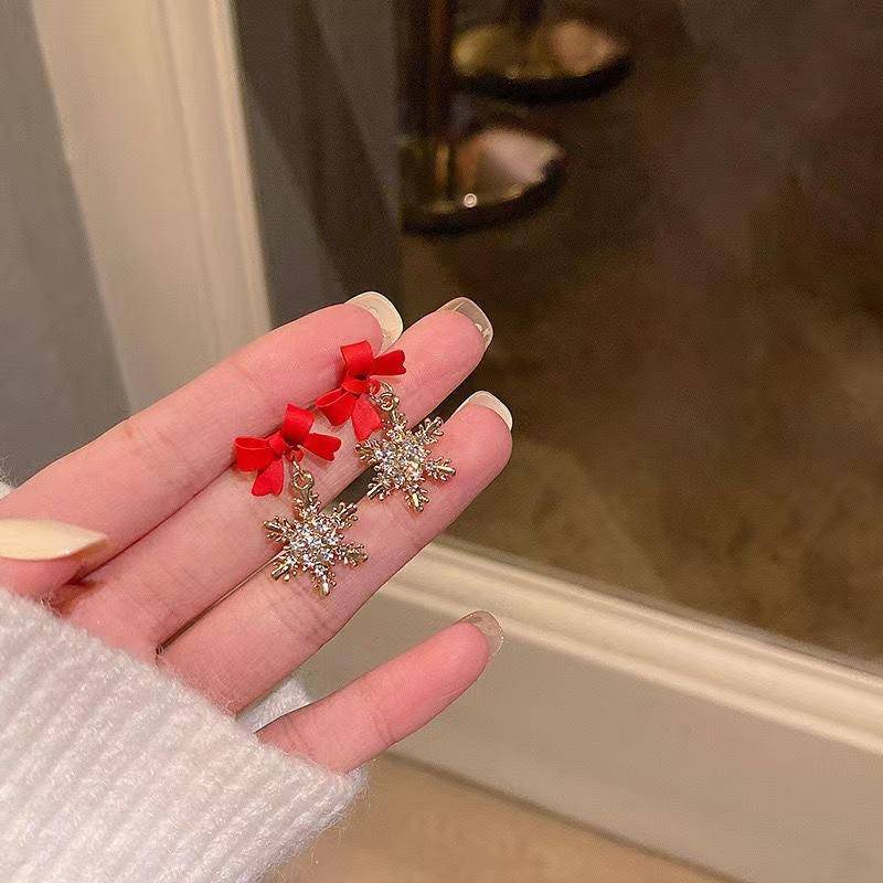 Rote Schleife Schneeflockenanhänger Damen Weihnachts-Ohrringe, Festliche Atmosphäre Schmuck, Exquisite Weihnachtsgeschenke rot von Joom DACH
