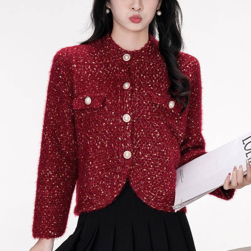 Rote Strickjacke für Damen im Herbst und Winter, neue Jacke im Retro-Stil, einzigartiges Oberteil L rot von Joom DACH