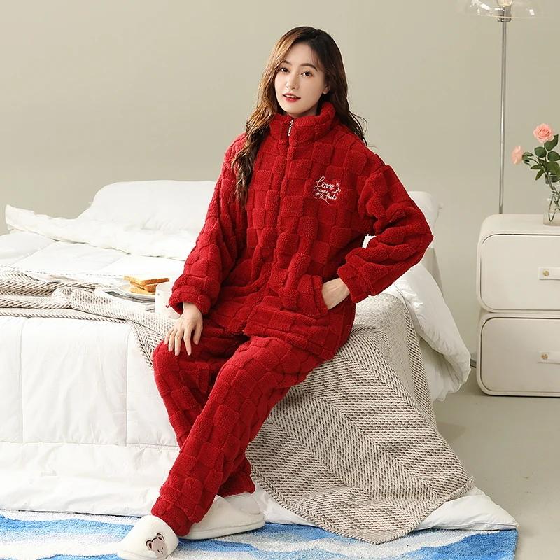 Roter Samt-Pyjama für Damen in großer Größe, Winter, lange Ärmel, lange Pamts, warme Nachtwäsche, weicher Pyjama, gemütlicher Pyjama, Mädchen-Pyjama, bequem 5XL von Joom DACH