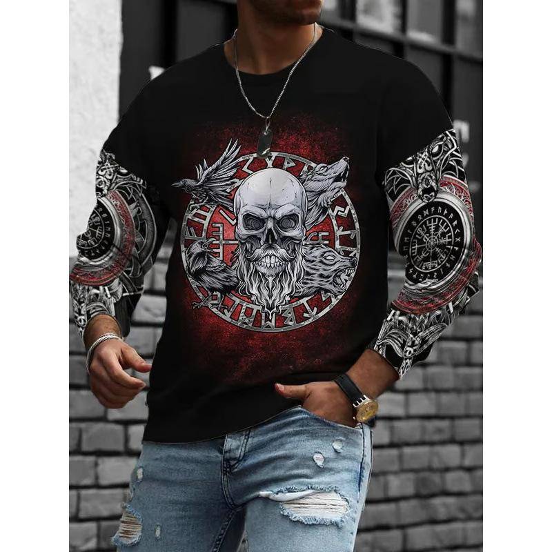 Rundhals 3D Schädelmuster Oberteil Lässige Langarm Herren T-Shirts - Weicher Mittlerer Stretch Polyesterstoff Frühling und Herbst Relaxed Fit Kleidung XXXL von Joom DACH