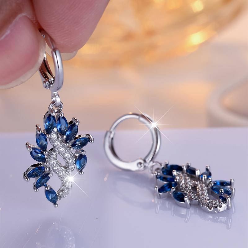 Royalblaue Zirkonia-Blatt-Tropfenohrringe für Frauen, silberfarben, baumelnde Ohrringe, klassisches, elegantes Schmuckgeschenk von Joom DACH