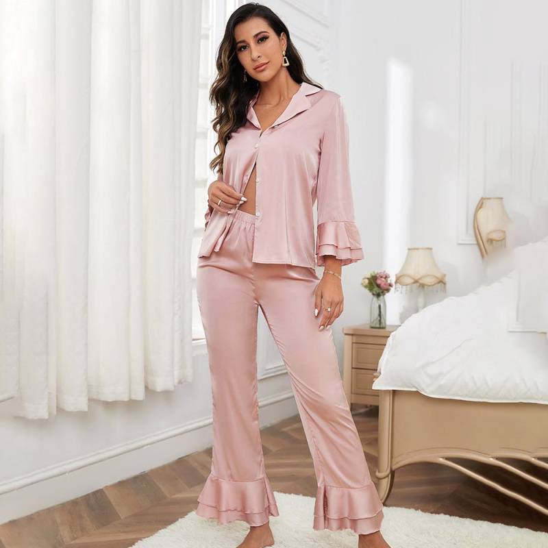 Rüschenärmel Hemd&Hose Pyjama Sommer Pijama Set Loungewear Damen Hauskleidung Seidensatin Nachtwäsche Freizeitoutfit Nachtwäsche XL rosa von Joom DACH
