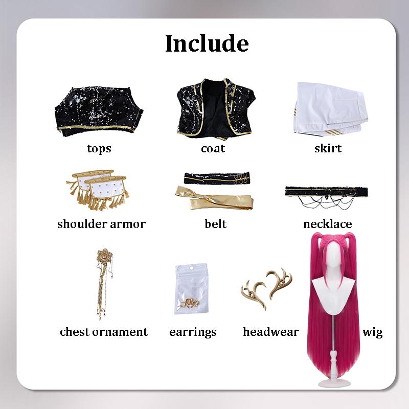 Rumi Zoey Mira Cosplay KPop Dämonenjäger Cosplay Kostüm Perücke Frauen Schwarz Golden Anzug Halloween Party Rollenspiel Outfit XXXL von Joom DACH