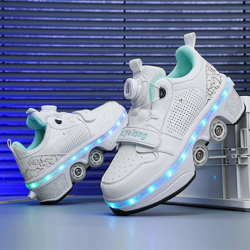Runaway Shoes Neue Vierrad-Deformation Studenten-Sportschuhe mit Lichtern Aufladbare Rollschuhe Kinder Herren- und Damen-Skates Flugschuhe 33 von Joom DACH