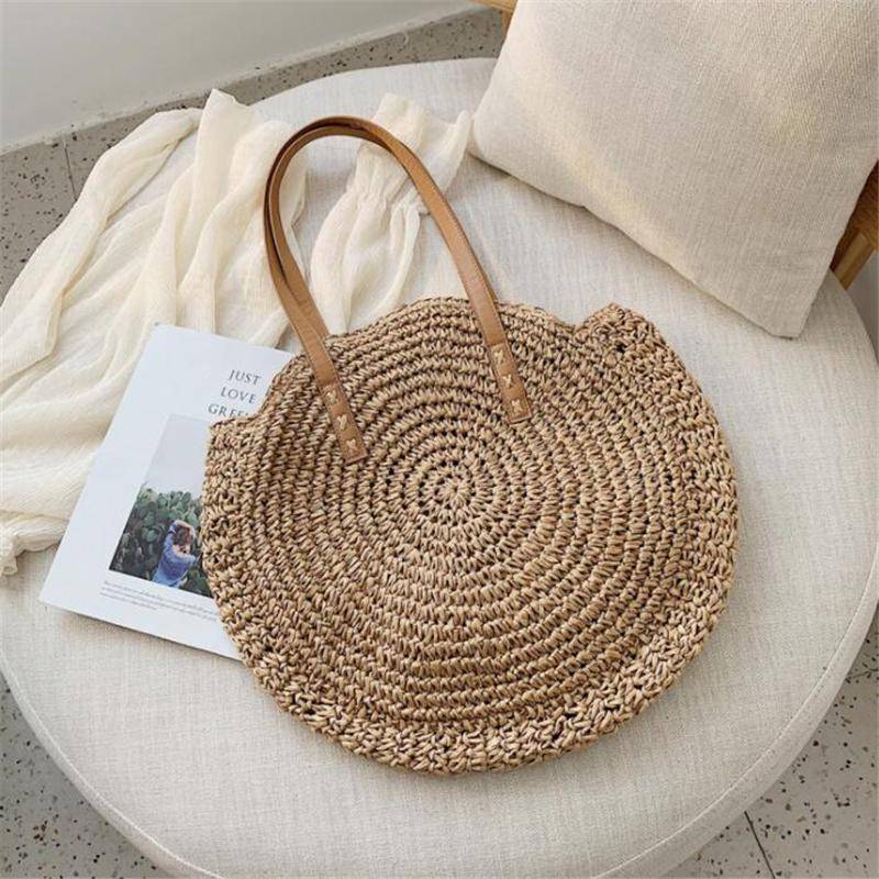 Runde Stroh Umhängetaschen Frauen Sommer Rattan Tasche Handgemachte Gewebte Strand Hohl Gestrickte Tasche 44*42cm von Joom DACH