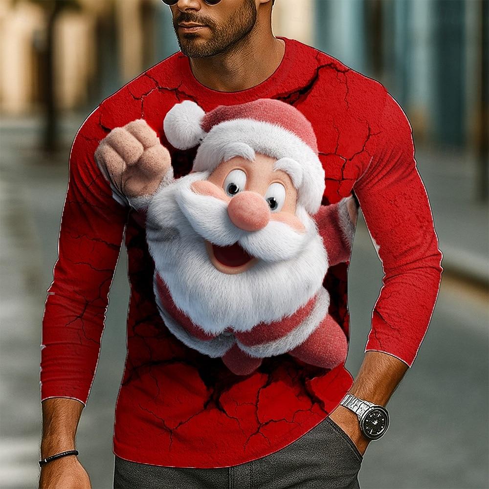 Rundhals 3D Weihnachtsmann bedrucktes Oberteil Lässige Langarm Herren T-Shirts - Weicher mittlerer Stretch Polyester Stoff Frühling und Herbst Relaxed Fit Kleidung XXL von Joom DACH