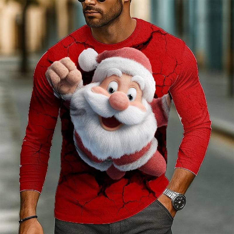 Rundhals 3D Weihnachtsmann bedrucktes Oberteil Lässige Langarm Herren T-Shirts - Weicher mittlerer Stretch Polyester Stoff Frühling und Herbst Relaxed Fit Kleidung XXL von Joom DACH