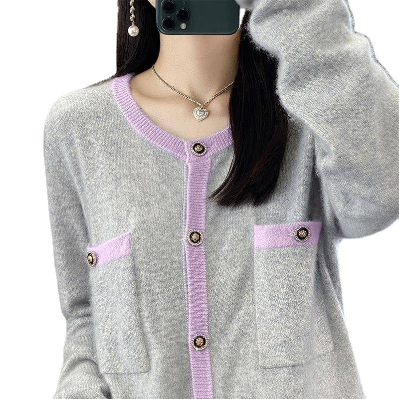 Rundhals Woll-Kurzarm-Strickjacke für Damen im Frühling und Herbst Neue modische Colorblocking-Temperament-Jacke Top XXL von Joom DACH