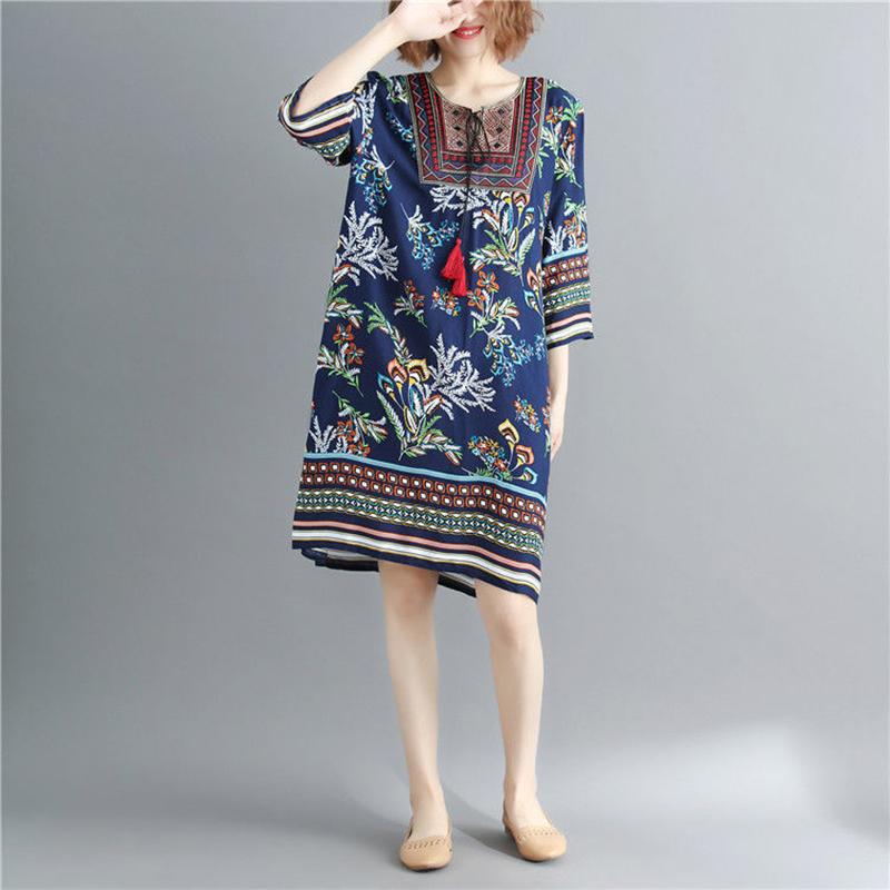 Rundhalskleid mit Retro-Ethno-Print für Damen, lockerer, gerader Rock in Übergröße, lockeres, mittellanges Kleid in Übergröße mit Blumenmuster M von Joom DACH