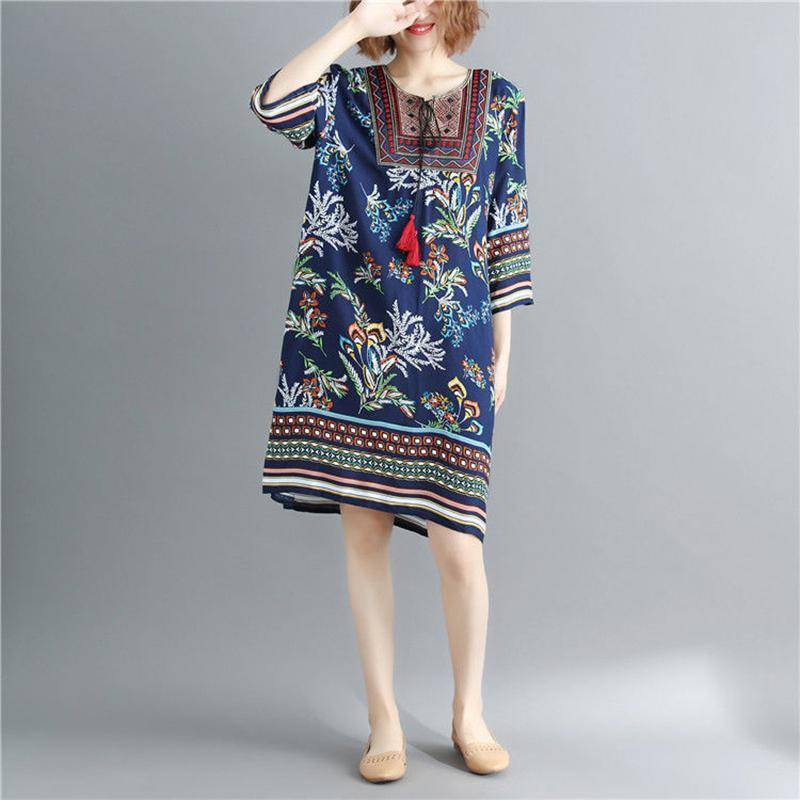 Rundhalskleid mit Retro-Ethno-Print für Damen, lockerer, gerader Rock in Übergröße, lockeres, mittellanges Kleid in Übergröße mit Blumenmuster M von Joom DACH