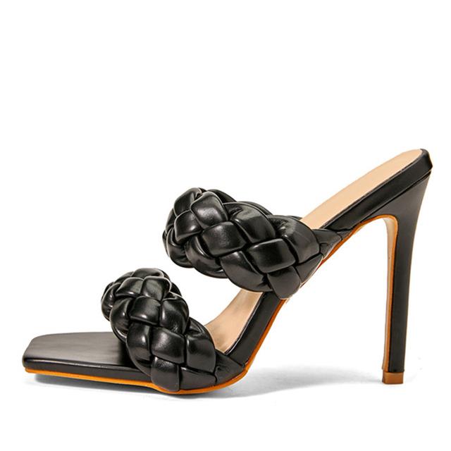 Runway Style Sommer Weave Frauen Hausschuhe Mode dünne High Heels Gladiator Sandalen Outdoor Slides Damen Pantoletten Schuhe 35 schwarz von Joom DACH