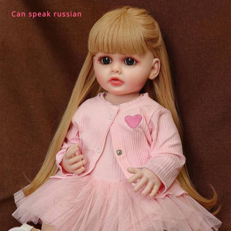 Russisch sprechende Reborn-Kleinkindpuppe Betty, Vollvinylkörper, Babypuppe, 22 Zoll, 55 cm, sprechende Bebe-Neugeborenenpuppe, Säuglingsbettzeit-Begleitspielzeug, Kindergeschenke full silicone girl von Joom DACH