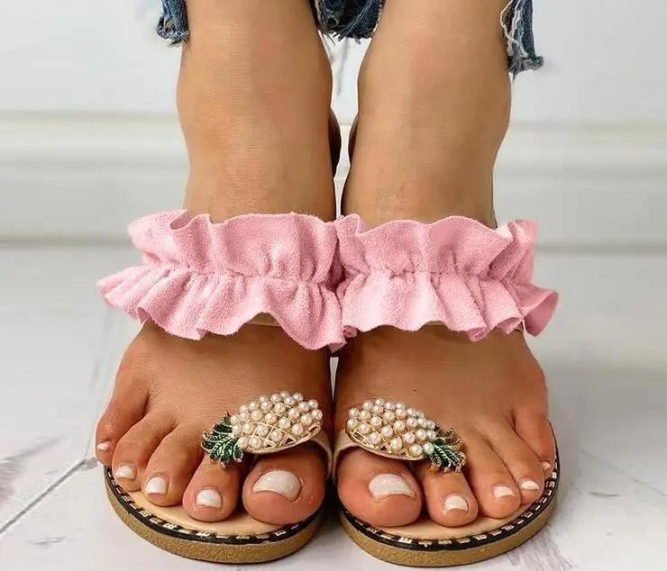 Rutschfeste Hausschuhe Ananas-Spitze Strandschuhe 8 Farben HOT Große Größe Sandalen Damen Zehensandalen Wasserbohrer Flacher Boden 42 rosa von Joom DACH