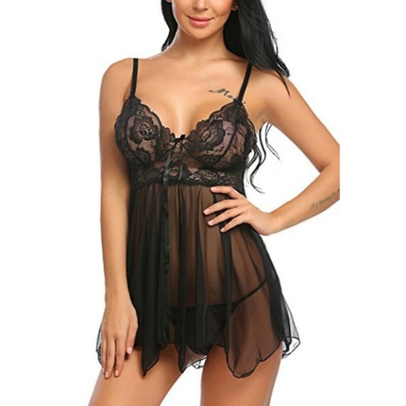 S-4XL Sexy Damen Spitze Babydoll Dessous Nachthemd Durchsichtige Nachtwäsche Nachtwäsche Minikleid XXL schwarz von Joom DACH