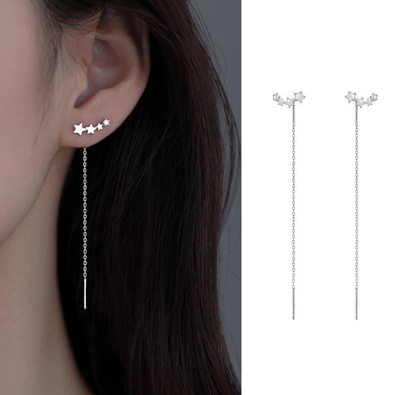 S925 Silber Nadel Stern Linie Ohrring für Frauen Quaste Tropfen Ohrring Lange Kette Perlen Piercing Ohrring Asymmetrie Ohr Schmuck von Joom DACH