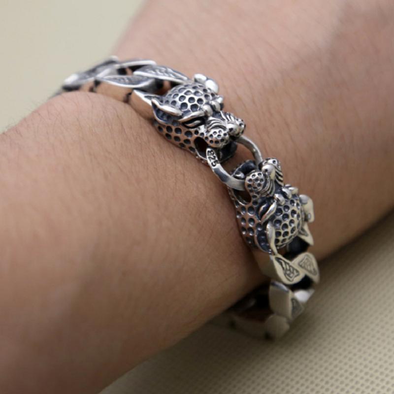 S925 Sterling Silber Geschnitzter Doppelter Leopardenkopf Große dicke Handkette S925 Armreif adjustable opening von Joom DACH
