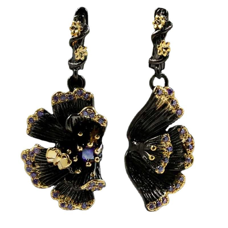 SACE GEMS Damen Übertriebene Vintage-Sonnenblumen-Tropfenohrringe, Persönlichkeit, Zirkon, Hochzeit, Party-Ohrringe schwarz von Joom DACH