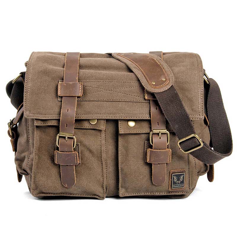 SCIONE Euro-Amerikanische Vintage Canvas Crazy Horse Leder Messenger Bag mit großer Kapazität, wasserdicht, mit mehreren Taschen, lässige Umhängetasche für Herren licht kaffee von Joom DACH
