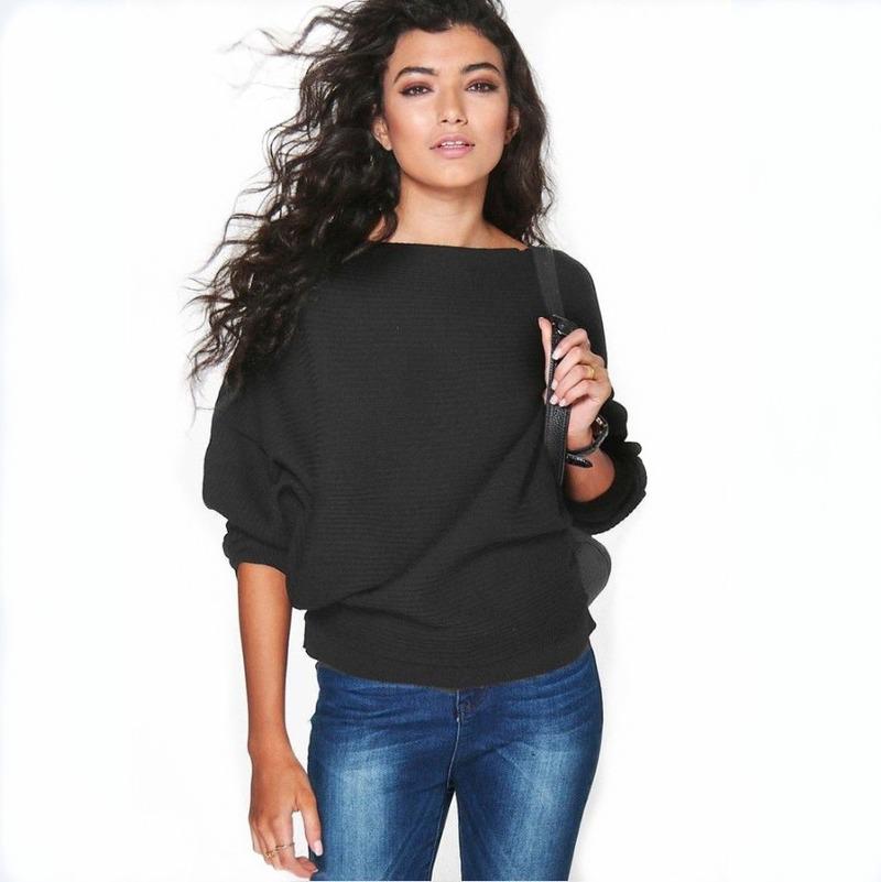 SCIONE Herbst Winter Frauen Pullover Mode Lose Fledermaus Ärmel Stricken Casual Einfarbig Gestrickte Pullover XXXL schwarz von Joom DACH