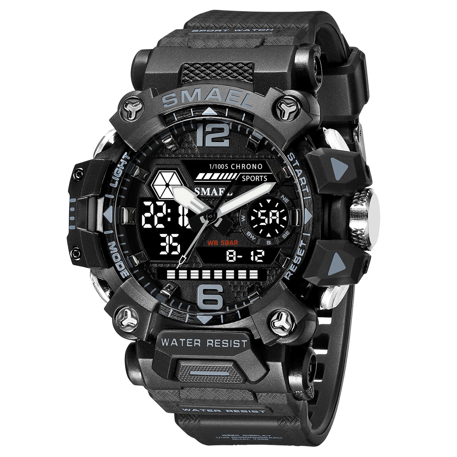 SMAEL Männer Uhren 50 m Wasserdichte Sport Uhr Militär Mann Sport Uhr Digital 8072 Dual Display Uhr Quarz Led Digital grau/schwarz von Joom DACH