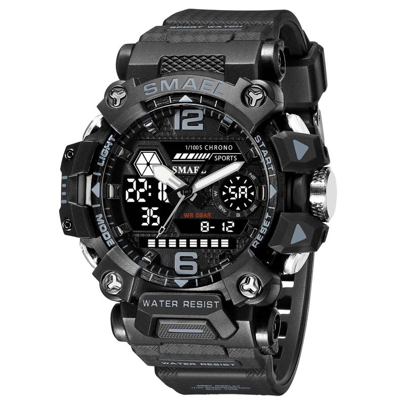 SMAEL Männer Uhren 50 m Wasserdichte Sport Uhr Militär Mann Sport Uhr Digital 8072 Dual Display Uhr Quarz Led Digital grau/schwarz von Joom DACH
