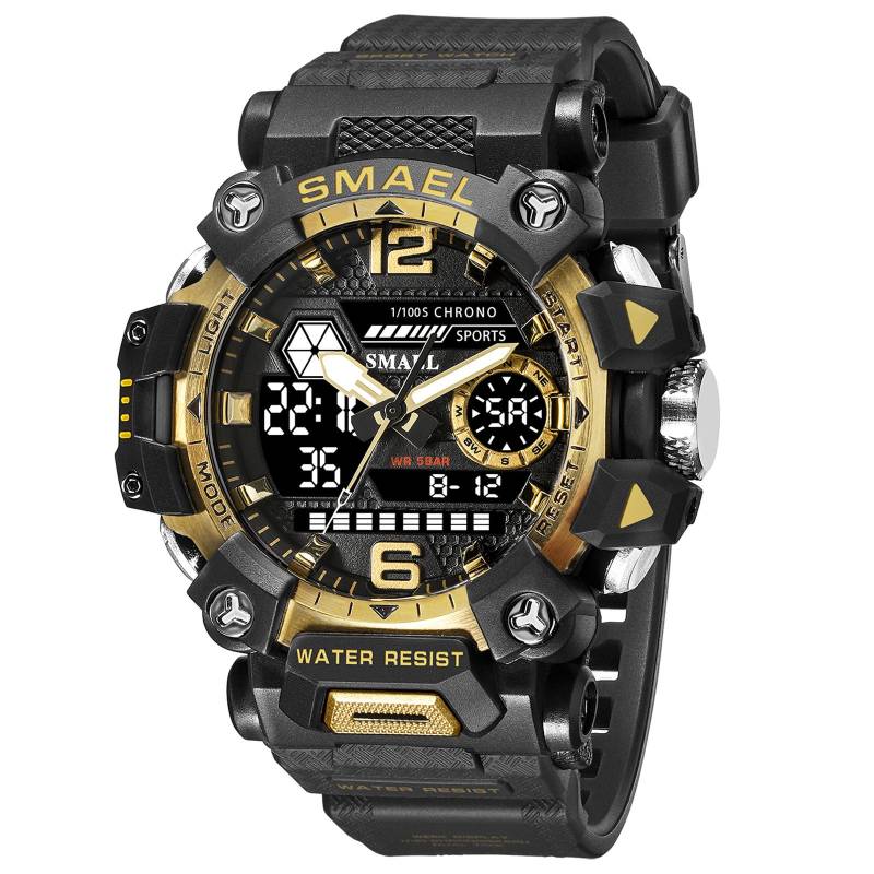 SMAEL Männer Uhren 50 m Wasserdichte Sport Uhr Militär Mann Sport Uhr Digital 8072 Dual Display Uhr Quarz Led Digital schwarz/gold von Joom DACH