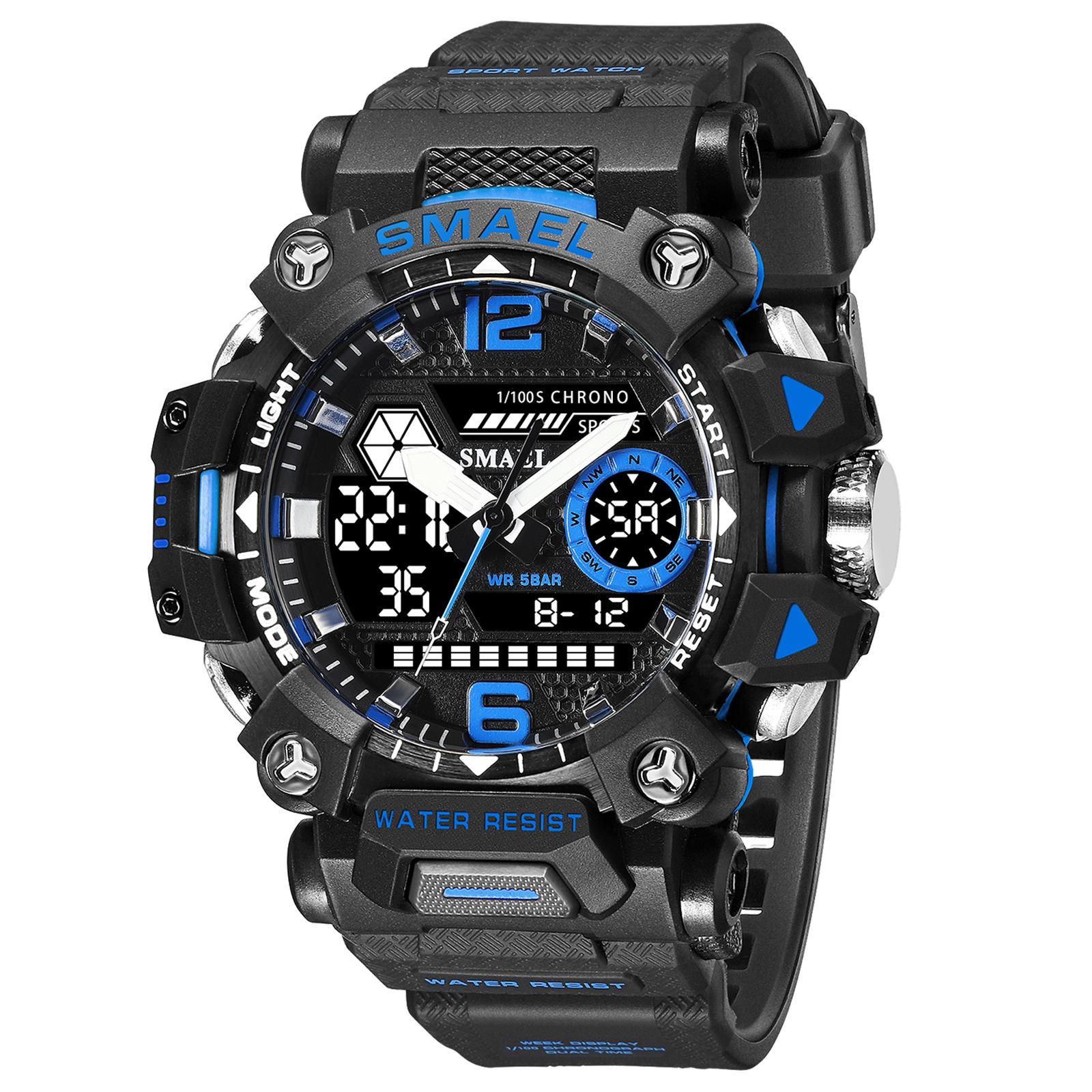 SMAEL Männer Uhren 50 m Wasserdichte Sport Uhr Militär Mann Sport Uhr Digital 8072 Dual Display Uhr Quarz Led Digital schwarz/blau von Joom DACH