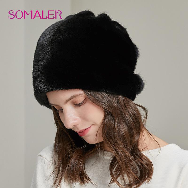 SOMALER Damen-Mütze aus ganzem Nerzfell, echte natürliche Nerz-Eimermütze mit Bommel, echtes Fell, warme weibliche lässige Mützen schwarz von Joom DACH