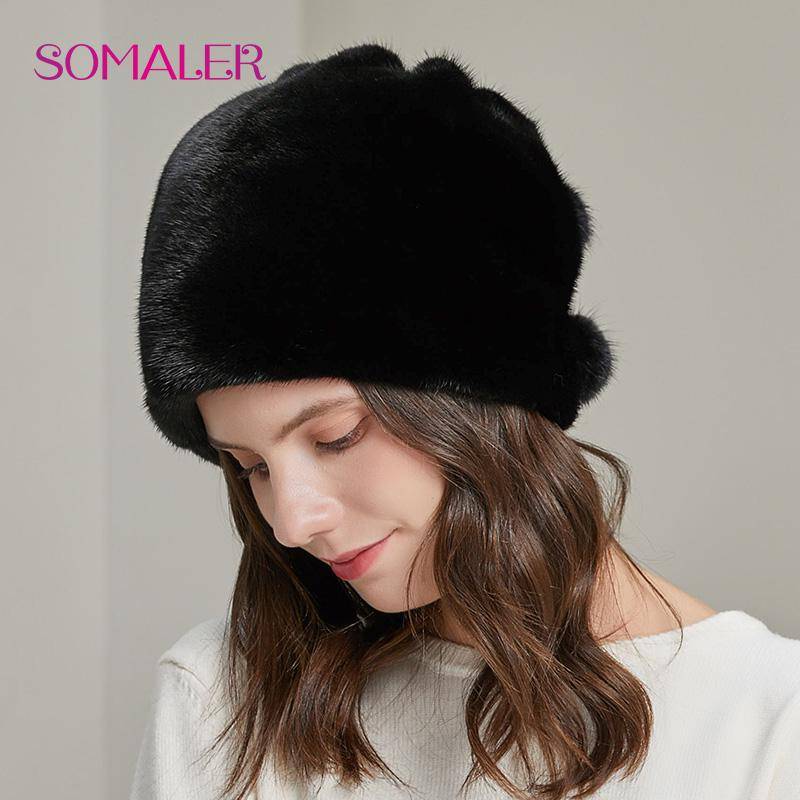 SOMALER Damen-Mütze aus ganzem Nerzfell, echte natürliche Nerz-Eimermütze mit Bommel, echtes Fell, warme weibliche lässige Mützen schwarz von Joom DACH