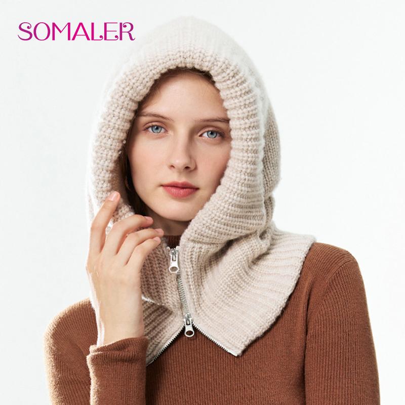 SOMALER Damen Winter Wollstrick Kapuzenmütze Dick Warm Sturmhaube Halswärmer Mit Reißverschluss Damenmode Schnee Beanie Mütze One Size beige von Joom DACH