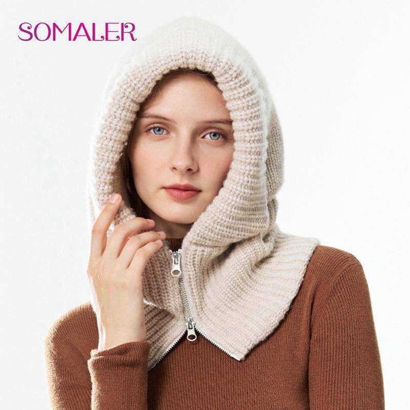 SOMALER Damen Winter Wollstrick Kapuzenmütze Dick Warm Sturmhaube Halswärmer Mit Reißverschluss Damenmode Schnee Beanie Mütze One Size beige von Joom DACH