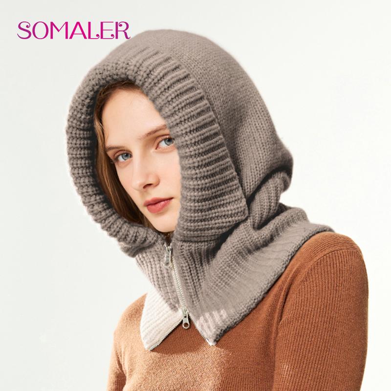 SOMALER Damen Winter Wollstrick Kapuzenmütze Dick Warm Sturmhaube Halswärmer Mit Reißverschluss Damenmode Schnee Beanie Mütze One Size braun von Joom DACH