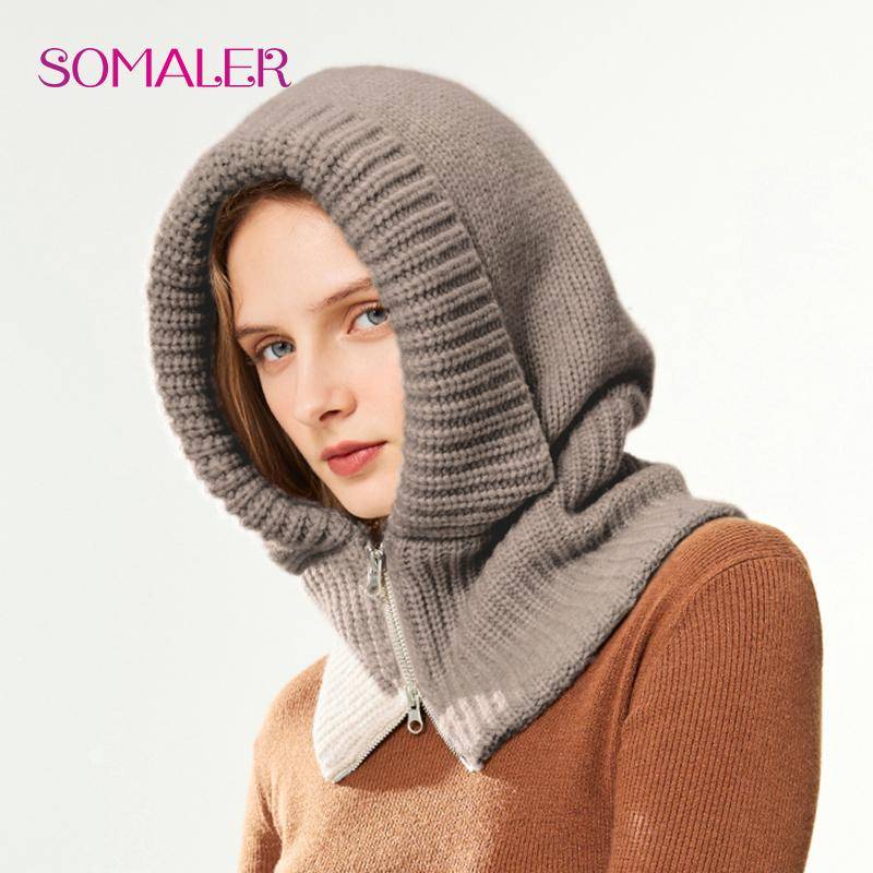 SOMALER Damen Winter Wollstrick Kapuzenmütze Dick Warm Sturmhaube Halswärmer Mit Reißverschluss Damenmode Schnee Beanie Mütze One Size braun von Joom DACH