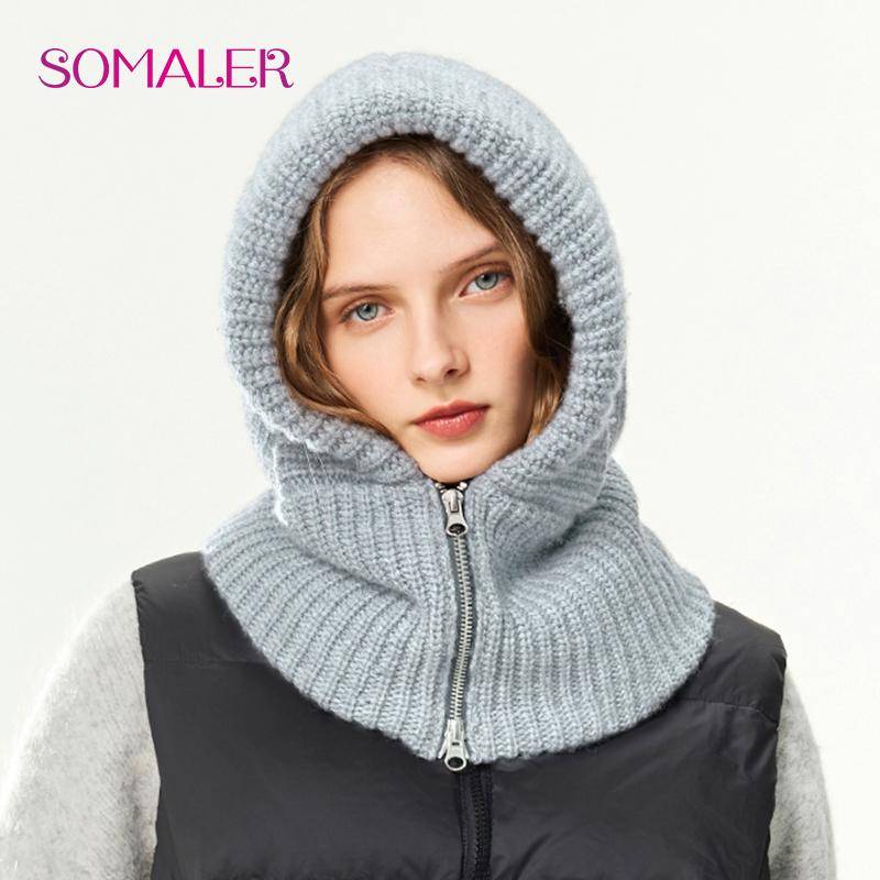 SOMALER Damen Winter Wollstrick Kapuzenmütze Dick Warm Sturmhaube Halswärmer Mit Reißverschluss Damenmode Schnee Beanie Mütze One Size grau von Joom DACH