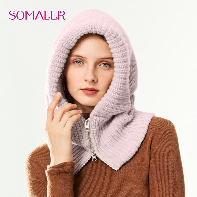 SOMALER Damen Winter Wollstrick Kapuzenmütze Dick Warm Sturmhaube Halswärmer Mit Reißverschluss Damenmode Schnee Beanie Mütze One Size rosa von Joom DACH