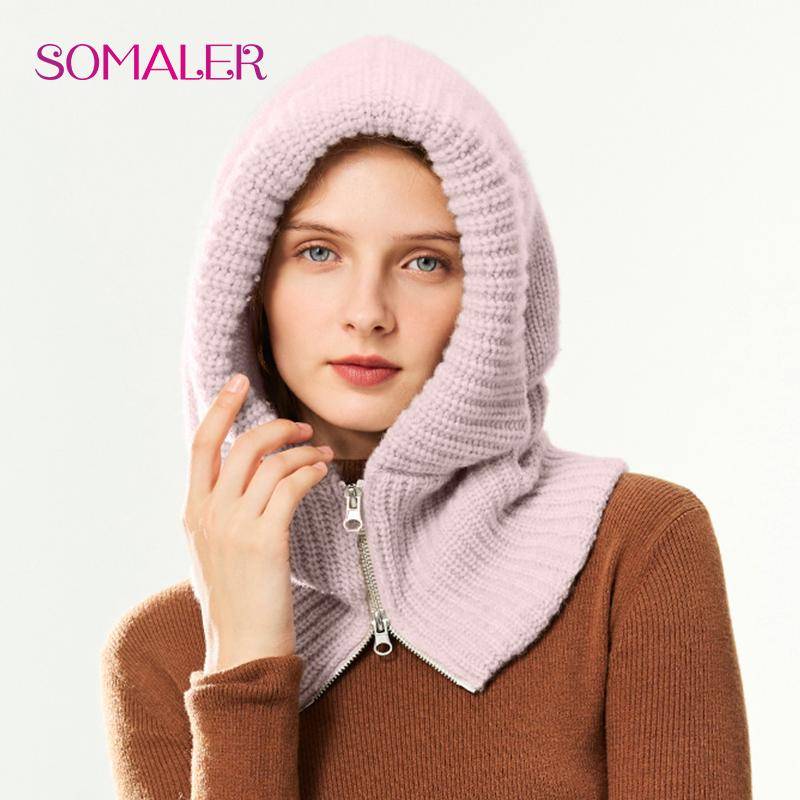 SOMALER Damen Winter Wollstrick Kapuzenmütze Dick Warm Sturmhaube Halswärmer Mit Reißverschluss Damenmode Schnee Beanie Mütze One Size rosa von Joom DACH