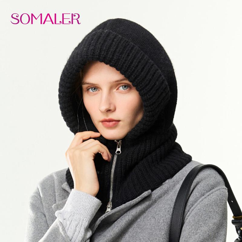 SOMALER Damen Winter Wollstrick Kapuzenmütze Dick Warm Sturmhaube Halswärmer Mit Reißverschluss Damenmode Schnee Beanie Mütze One Size schwarz von Joom DACH