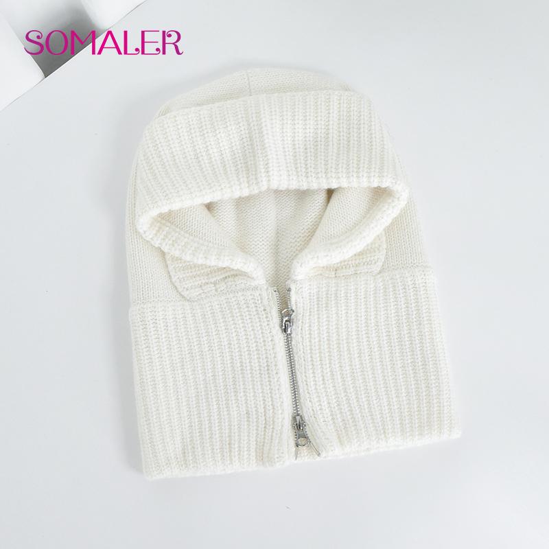 SOMALER Damen Winter Wollstrick Kapuzenmütze Dick Warm Sturmhaube Halswärmer Mit Reißverschluss Damenmode Schnee Beanie Mütze One Size weiß von Joom DACH