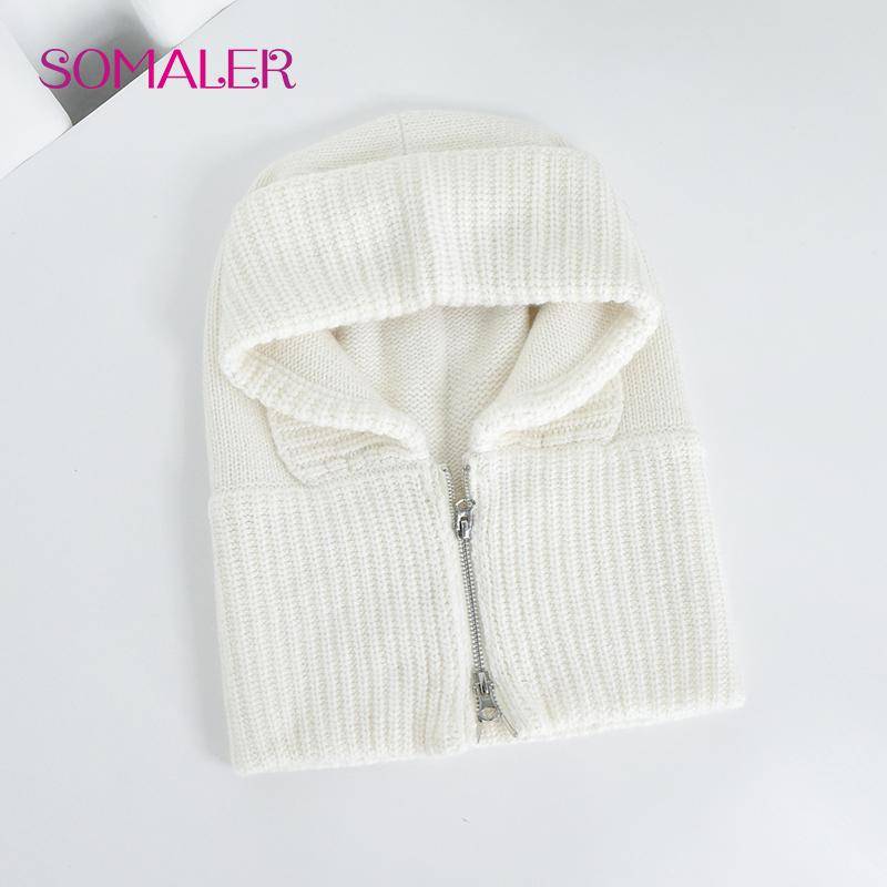 SOMALER Damen Winter Wollstrick Kapuzenmütze Dick Warm Sturmhaube Halswärmer Mit Reißverschluss Damenmode Schnee Beanie Mütze One Size weiß von Joom DACH